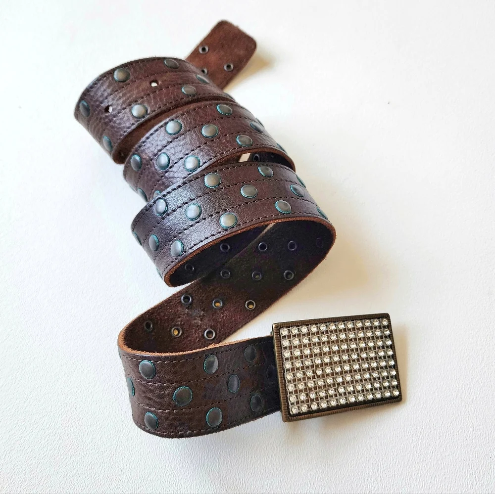 💎Vintage Genuine Leather Studded Belt Rhinestone Crystal Buckle Western Y2K